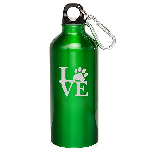 20oz Aluminum Sports Water Bottle Caribiner Clip Love Paw Print (Green)