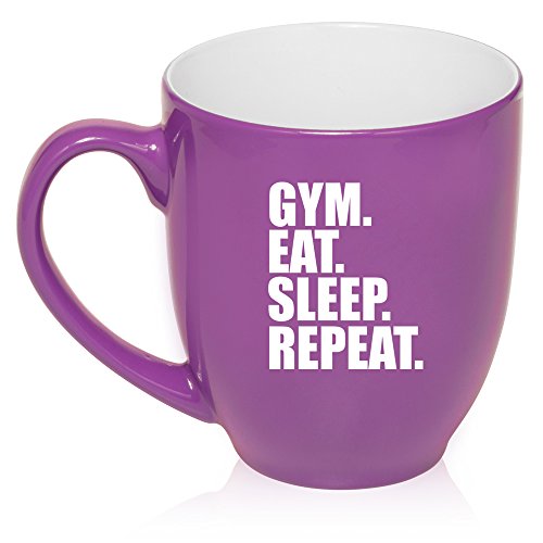 16 oz Large Bistro Mug Ceramic Coffee Tea Glass Cup Gym Eat Sleep Repeat (Purple)