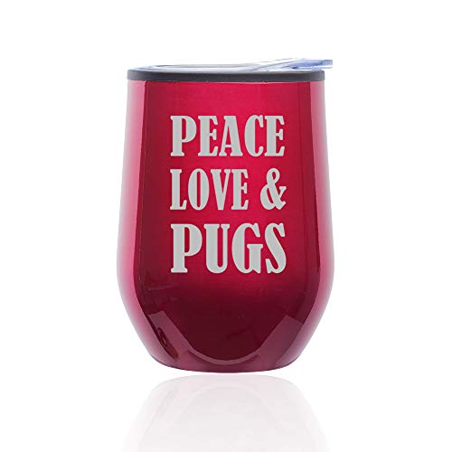 Stemless Wine Tumbler Coffee Travel Mug Glass With Lid Peace Love & Pugs (Fuchsia)