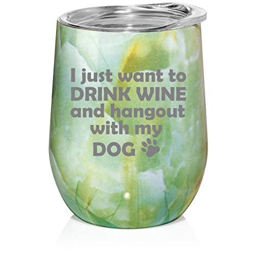 12 oz Double Wall Vacuum Insulated Stainless Steel Marble Stemless Wine Tumbler Glass Coffee Travel Mug With Lid Drink Wine And Hang Out With Dog (Turquoise Green Marble)