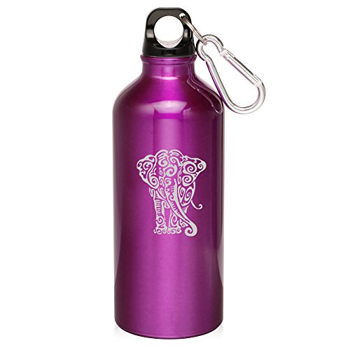 20oz Aluminum Sports Water Bottle Caribiner Clip Tribal Elephant (Purple)