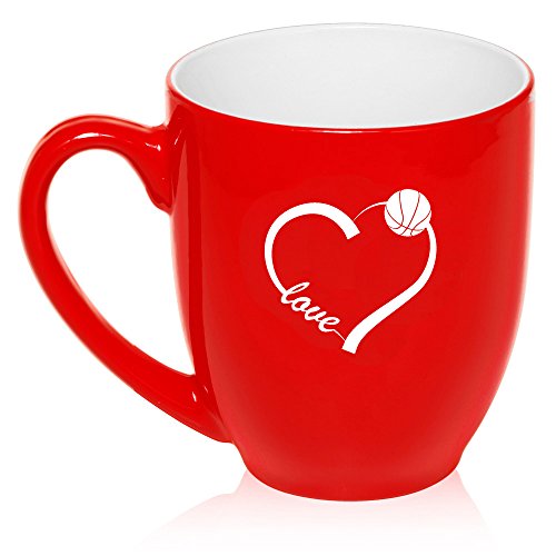 16 oz Large Bistro Mug Ceramic Coffee Tea Glass Cup Love Heart Basketball (Red)