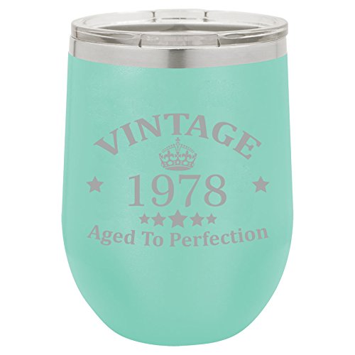 12 oz Double Wall Vacuum Insulated Stainless Steel Stemless Wine Tumbler Glass Coffee Travel Mug With Lid Vintage Aged To Perfection 1978 Birthday 40th Birthday (Teal)