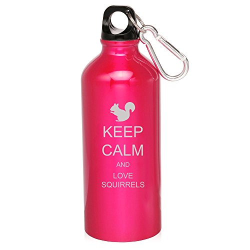 20oz Aluminum Sports Water Bottle Caribiner Clip Keep Calm and Love Squirrels (Hot Pink)