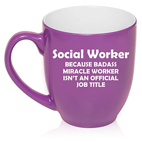 16 oz Large Bistro Mug Ceramic Coffee Tea Glass Cup Social Worker Miracle Worker Job Title Funny (Purple)
