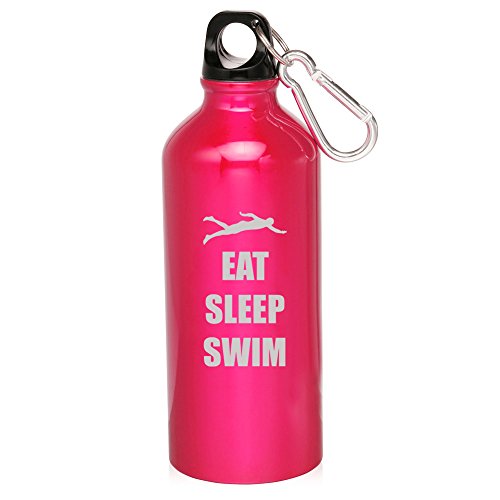 20oz Aluminum Sports Water Bottle Caribiner Clip Eat Sleep Swim Swimmer (Hot Pink)