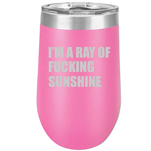 16 oz Double Wall Vacuum Insulated Stainless Steel Stemless Wine Tumbler Glass Coffee Travel Mug With Lid I'm A Ray Of Fcking Sunshine Funny (Hot Pink)