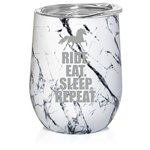 12 oz Double Wall Vacuum Insulated Stainless Steel Marble Stemless Wine Tumbler Glass Coffee Travel Mug With Lid Horse Ride Eat Sleep Repeat (Black White Marble)