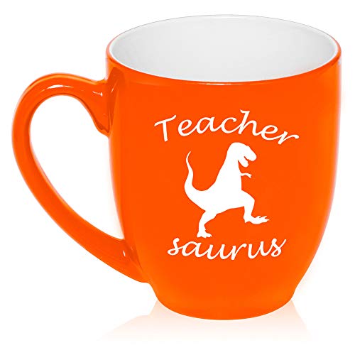 16 oz Large Bistro Mug Ceramic Coffee Tea Glass Cup Teacher Saurus Funny T-Rex (Orange)