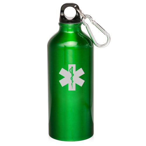 Green 20oz Aluminum Sports Water Bottle Caribiner Clip ZW499 Star of Life EMT