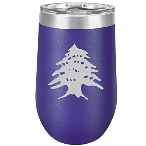 16 oz Double Wall Vacuum Insulated Stainless Steel Stemless Wine Tumbler Glass Coffee Travel Mug With Lid Cedar Tree Lebanon Lebanese (Purple)
