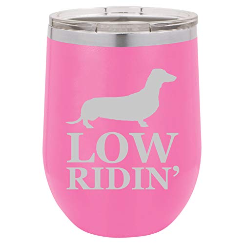 12 oz Double Wall Vacuum Insulated Stainless Steel Stemless Wine Tumbler Glass Coffee Travel Mug With Lid Low Ridin' Dachshund (Hot-Pink)