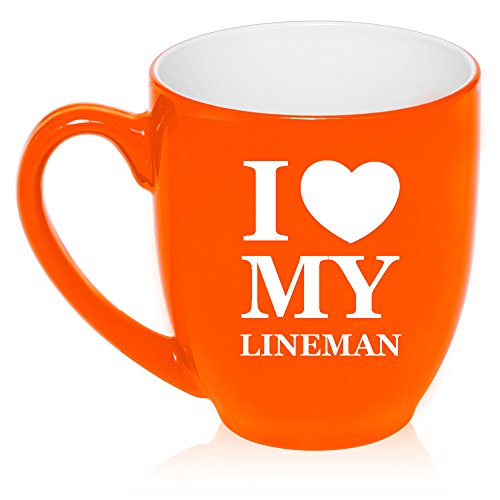 16 oz Large Bistro Mug Ceramic Coffee Tea Glass Cup I Love Heart My Lineman (Orange)