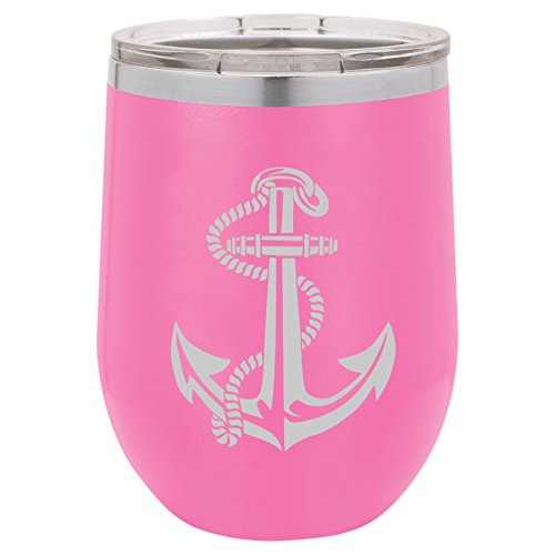 12 oz Double Wall Vacuum Insulated Stainless Steel Stemless Wine Tumbler Glass Coffee Travel Mug With Lid Anchor With Rope (Hot-Pink)