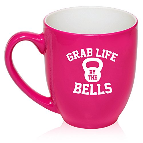 16 oz Large Bistro Mug Ceramic Coffee Tea Glass Cup Grab Life By The Bells Kettlebell Funny Workout Fitness (Hot Pink)