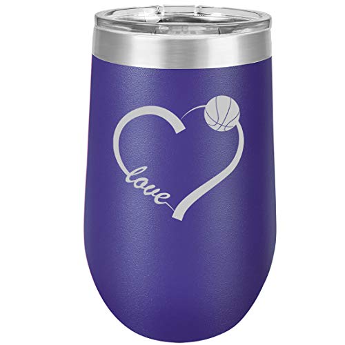16 oz Double Wall Vacuum Insulated Stainless Steel Stemless Wine Tumbler Glass Coffee Travel Mug With Lid Love Heart Basketball (Purple)