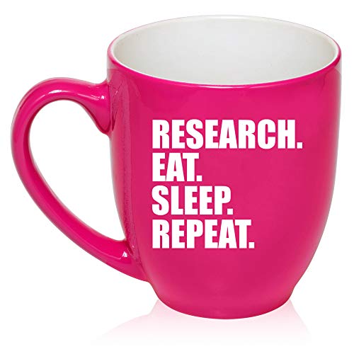 16 oz Large Bistro Mug Ceramic Coffee Tea Glass Cup Research Eat Sleep Repeat (Hot-Pink)