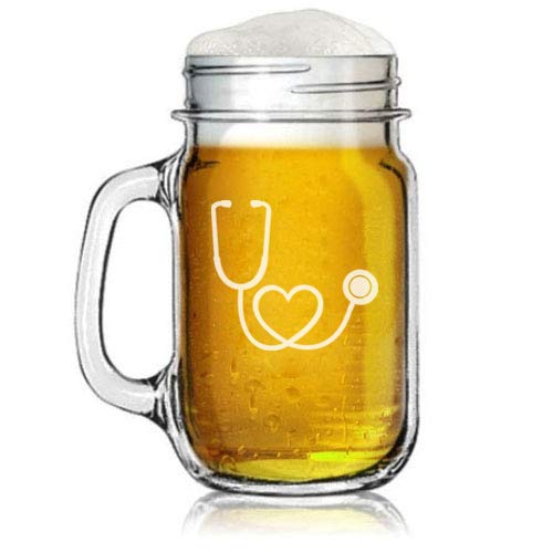 16oz Mason Jar Glass Mug w/Handle Heart Stethoscope Nurse