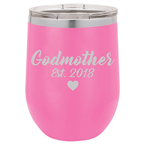 12 oz Double Wall Vacuum Insulated Stainless Steel Stemless Wine Tumbler Glass Coffee Travel Mug With Lid Godmother Est 2018 Christening Baptism (Hot-Pink)