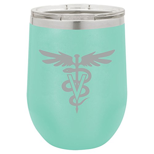 12 oz Double Wall Vacuum Insulated Stainless Steel Stemless Wine Tumbler Glass Coffee Travel Mug With Lid Vet Veterinarian Symbol (Teal)