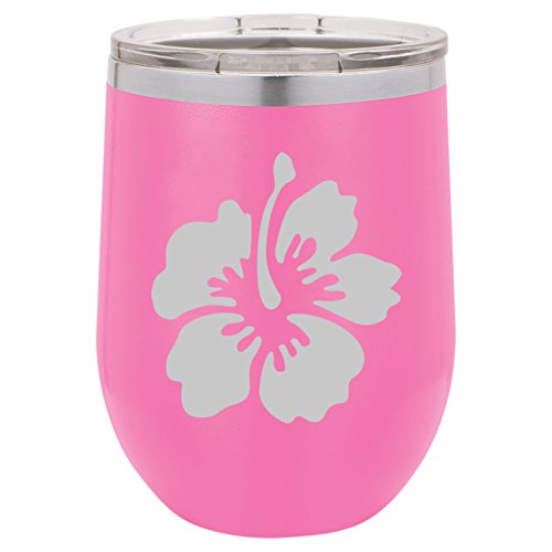 12 oz Double Wall Vacuum Insulated Stainless Steel Stemless Wine Tumbler Glass Coffee Travel Mug With Lid Hibiscus Flower (Hot-Pink)