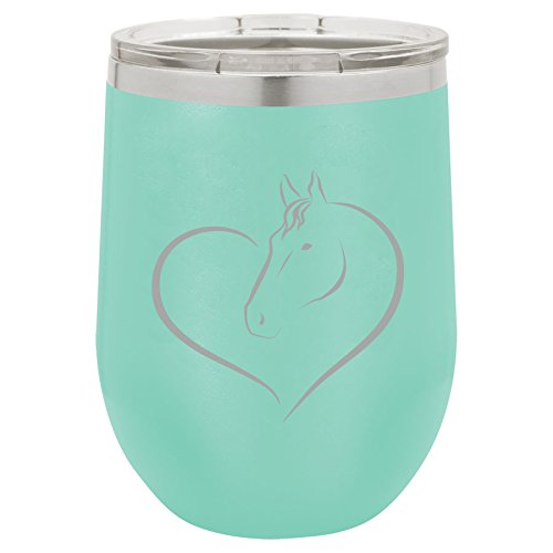 12 oz Double Wall Vacuum Insulated Stainless Steel Stemless Wine Tumbler Glass Coffee Travel Mug With Lid Heart Horse (Teal)