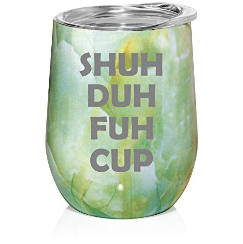 12 oz Double Wall Vacuum Insulated Stainless Steel Marble Stemless Wine Tumbler Glass Coffee Travel Mug With Lid Shuh Duh Fuh Cup (Turquoise Green Marble)