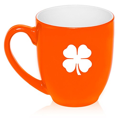 16 oz Large Bistro Mug Ceramic Coffee Tea Glass Cup Four Leaf Clover Shamrock (Orange)