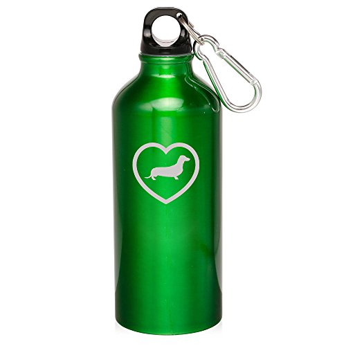 20oz Aluminum Sports Water Bottle Caribiner Clip Dachshund Heart (Green)