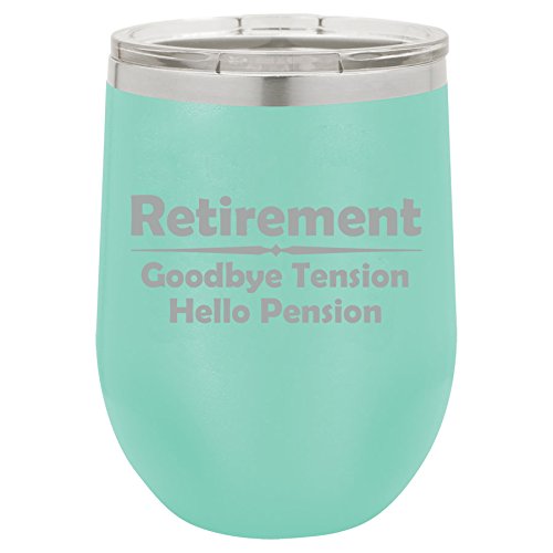 12 oz Double Wall Vacuum Insulated Stainless Steel Stemless Wine Tumbler Glass Coffee Travel Mug With Lid Retirement Pension Funny (Teal)