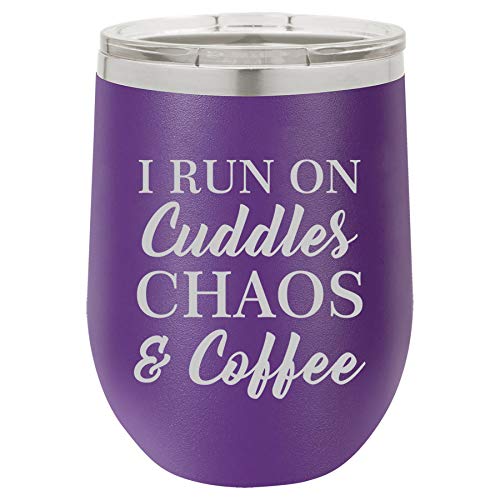 12 oz Double Wall Vacuum Insulated Stainless Steel Stemless Wine Tumbler Glass Coffee Travel Mug With Lid I Run On Cuddles Chaos & Coffee (Purple)