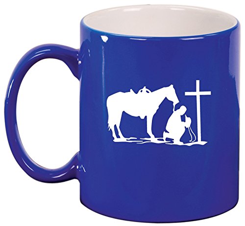 Ceramic Coffee Tea Mug Cup Cowboy Praying Cross Horse (Blue)