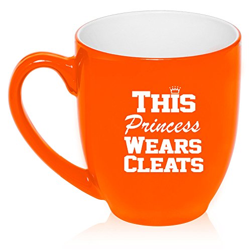 16 oz Large Bistro Mug Ceramic Coffee Tea Glass Cup This Princess Wears Cleats Lacrosse Softball Soccer (Orange)
