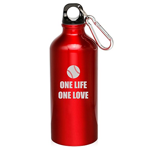 20oz Aluminum Sports Water Bottle Caribiner Clip One Life Baseball Softball (Red)