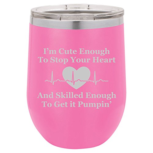 12 oz Double Wall Vacuum Insulated Stainless Steel Stemless Wine Tumbler Glass Coffee Travel Mug With Lid Cute Skilled Nurse (Hot-Pink)