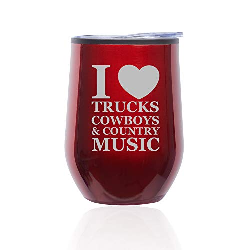 Stemless Wine Tumbler Coffee Travel Mug Glass With Lid Love Trucks Cowboys Country Music (Red)