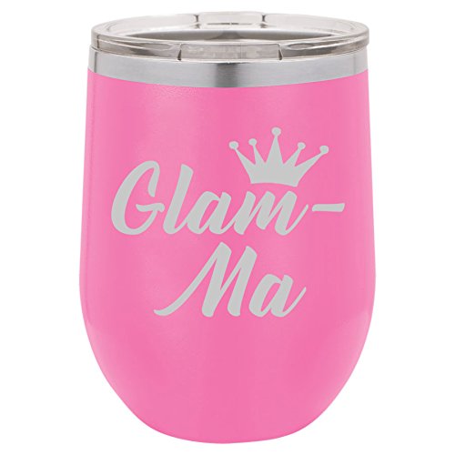 12 oz Double Wall Vacuum Insulated Stainless Steel Stemless Wine Tumbler Glass Coffee Travel Mug With Lid Glam-Ma Mom Mother Grandmother Grandma (Hot-Pink)