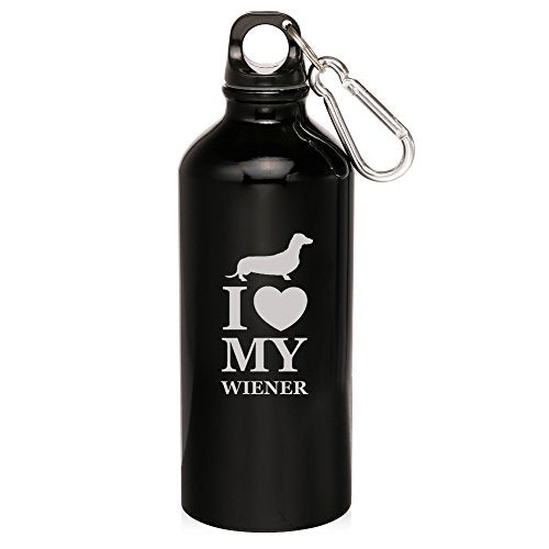 20oz Aluminum Sports Water Bottle Caribiner Clip I Love My w*ener Dachshund Dog (Black)