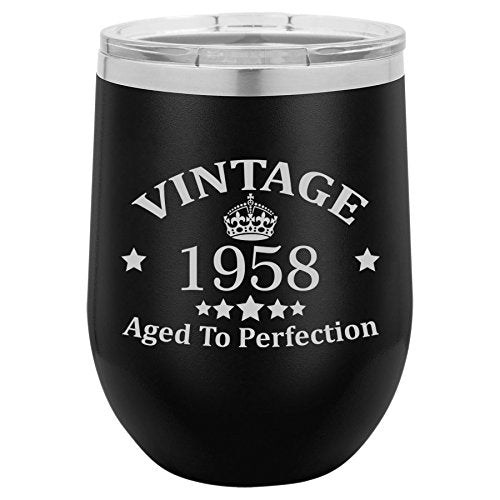 12 oz Double Wall Vacuum Insulated Stainless Steel Stemless Wine Tumbler Glass Coffee Travel Mug With Lid Vintage Aged To Perfection 1958 Birthday 60th Birthday (Black)