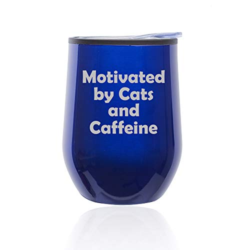 Stemless Wine Tumbler Coffee Travel Mug Glass With Lid Motivated By Cats And Caffeine