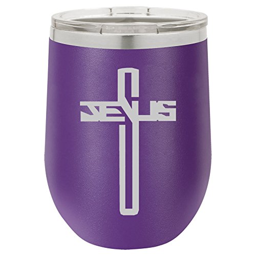 12 oz Double Wall Vacuum Insulated Stainless Steel Stemless Wine Tumbler Glass Coffee Travel Mug With Lid Jesus Cross (Purple)