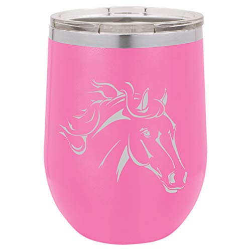 12 oz Double Wall Vacuum Insulated Stainless Steel Stemless Wine Tumbler Glass Coffee Travel Mug With Lid Horse Head (Hot-Pink)