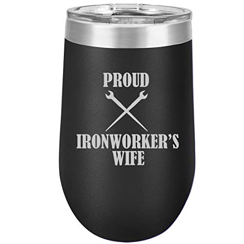 16 oz Double Wall Vacuum Insulated Stainless Steel Stemless Wine Tumbler Glass Coffee Travel Mug With Lid Proud Ironworker's Wife (Black)