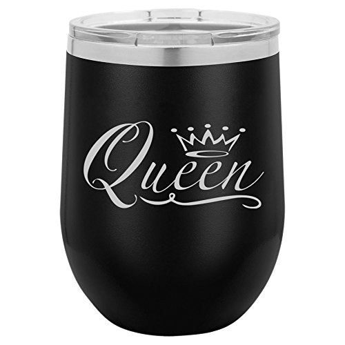 12 oz Double Wall Vacuum Insulated Stainless Steel Stemless Wine Tumbler Glass Coffee Travel Mug With Lid Queen Fancy (Black)