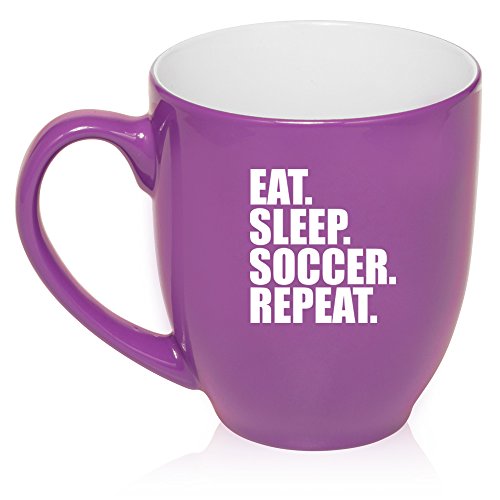 16 oz Large Bistro Mug Ceramic Coffee Tea Glass Cup Eat Sleep Soccer Repeat (Purple)