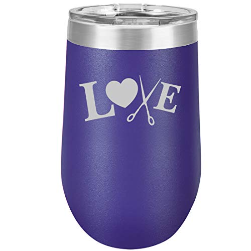 16 oz Double Wall Vacuum Insulated Stainless Steel Stemless Wine Tumbler Glass Coffee Travel Mug With Lid Love Hair Cutting Crafts (Purple)