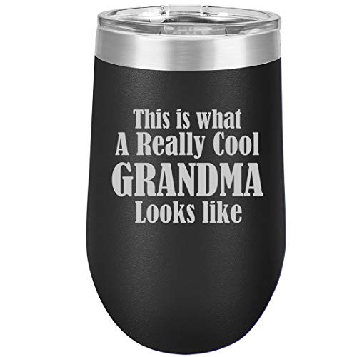 16 oz Double Wall Vacuum Insulated Stainless Steel Stemless Wine Tumbler Glass Coffee Travel Mug With Lid Cool Grandma (Black)