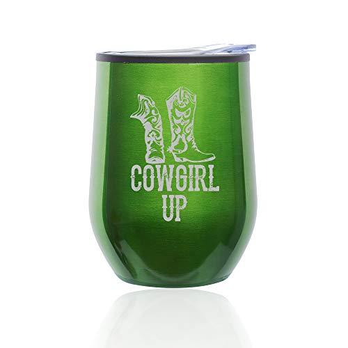 Stemless Wine Tumbler Coffee Travel Mug Glass With Lid Cowgirl Up Boots (Green)