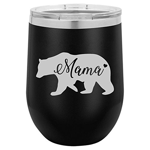 12 oz Double Wall Vacuum Insulated Stainless Steel Stemless Wine Tumbler Glass Coffee Travel Mug With Lid Mama Bear Mom Mother (Black)