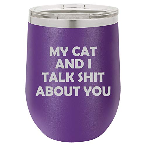 12 oz Double Wall Vacuum Insulated Stainless Steel Stemless Wine Tumbler Glass Coffee Travel Mug With Lid Funny My Cat And I Talk About You (Purple)